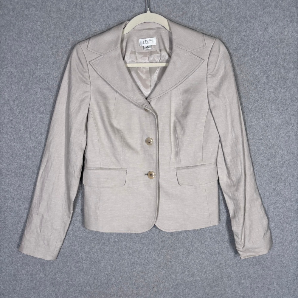Ann Taylor LOFT Silk Linen Blazer 2 Tan Cream‎ Minimalist Quiet Luxury Neutral